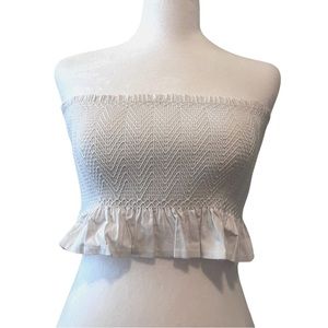 Express x Olivia Culpo White Smocked Cropped Ruffle Tube Top